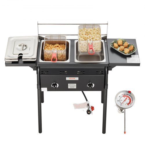 VEVOR Outdoor Propane Deep Fryer, Double Burners Commercial Fryer, 16 Qt Stainless Steel Cooker with Removable Baskets & Lids & Tanks, Oil Fryer Cart 