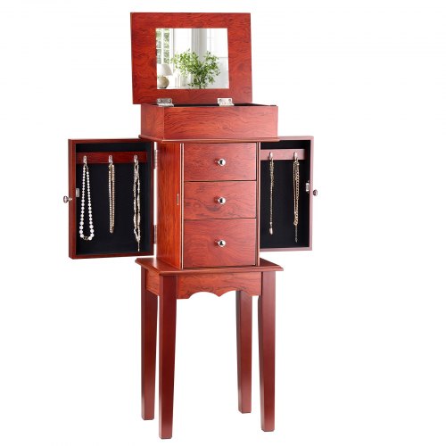VEVOR Jewelry Cabinet Armoire, Standing Wood Jewelry Storage Chest with 3 Drawers, Flip Top Mirror, 4 Top Storage Compartments, Zinc Alloy Handles, 2