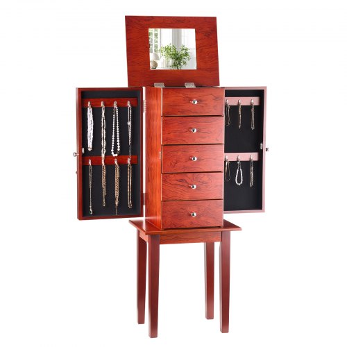 VEVOR Jewelry Cabinet Armoire, Standing Wood Jewelry Storage Chest with 4 Spacious Drawers, Flip Top Mirror, 4 Top Storage Compartments, Zinc Alloy Ha