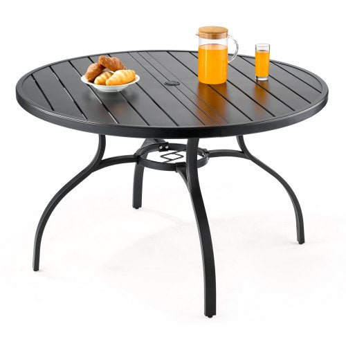 VEVOR Outdoor Patio Dining Table, 120cm Round Metal Steel Slat Backyard Bistro Tables, with 38mm Umbrella Hole, Outside All-Weather Large Furniture fo