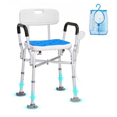 VEVOR Shower Chair Seat with Padded Arms and Back, Shower Stool with Reinforced CrossBar, Adjustable Height Bench Bath Chair for Elderly Disabled, Sho