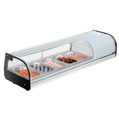 VEVOR Sushi Display Case Refrigerator, 1.8 Cu.ft Commercial Sushi Case, 5-Pan Countertop  Showcase with Curved Glass, LED Lighting, and Digital Temper