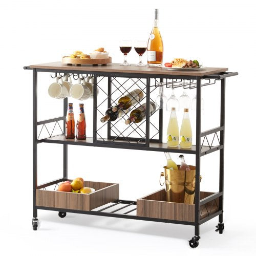 VEVOR Bar Cart, Home Serving Cart, 3 Tiers 300 LBS Industrial Rolling Beverage Station on Lockable Wheels, Mobile Alcohol Drink Cart with Removable Tr