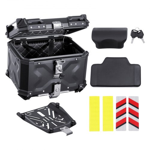 VEVOR Motorcycle Top Case, Universal Aluminum Alloy Motorbike Tail Box with Leather Lining, 55L Waterproof Detachable Motorcycle Top Box with Lock & B