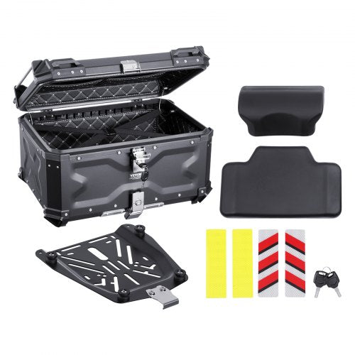 VEVOR Motorcycle Top Case, Universal Aluminum Alloy Motorbike Tail Box with Leather Lining, 65L Waterproof Detachable Motorcycle Top Box with Lock & B