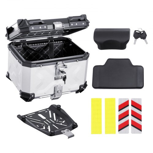 VEVOR Motorcycle Top Case, Universal Aluminum Alloy Motorbike Tail Box with Leather Lining, 45L Waterproof Detachable Motorcycle Top Box with Lock & B