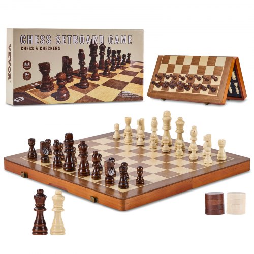 VEVOR Magnetic Wooden Chess Set, 15 inch 2-IN-1 Chess Checkers Game Set, Folding Chess Board Games for Adults Kids, 2 Queens Portable Travel Gift Ches