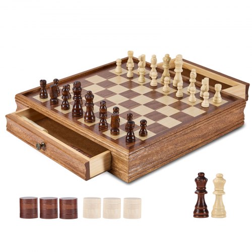 VEVOR Solid Wood Chess Set, 15 inch  2-IN-1 Chess Checkers Game Set, Chess Board Games with Storage Drawer & Weighted Chess Checkers Pieces & 2 Queens