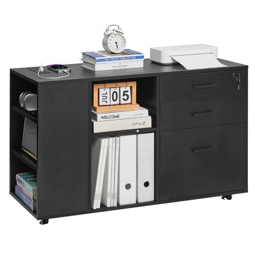 VEVOR 3 Drawer Wooden File Cabinet, Mobile Filing Cabinet with Power Strip, Lockable Rolling File Storage with Adjustable Shelves & 5 Wheels, Floor St