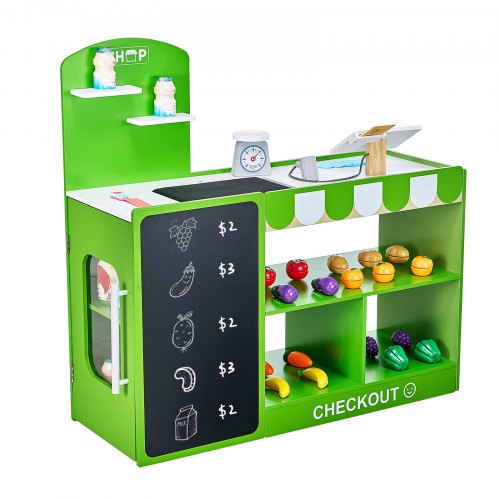 VEVOR Kids Grocery Store Playset, Wooden Play Market Stand with Shopping Bag, Kids Supermarket Pretend Play Store with Conveyor Belt, Scanner, Cash Re