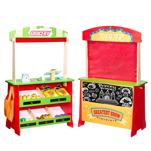 VEVOR Wooden Puppet Theater with Curtains, 2-in-1 Reversible Play Store, Double-Sided Grocery Store Playset with Chalkboard & Cash Register, Kids Pret
