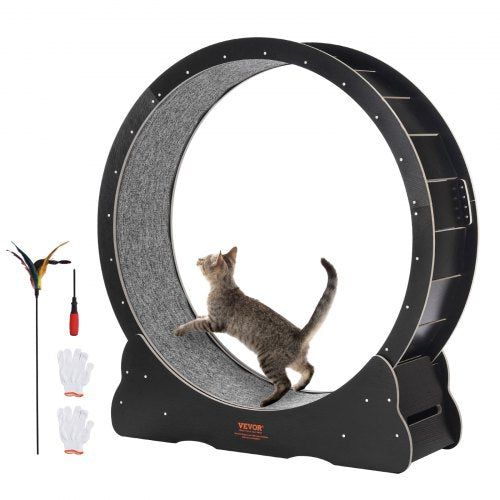 VEVOR Wooden Cat Exercise Wheel, 43.3" Large Cat Treadmill Wheel for Indoor Cats, Cat Running Wheel with Detachable Carpet & Cat Teaser for Running-Wa