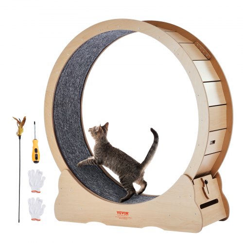 VEVOR Wooden Cat Exercise Wheel, 43.3" Large Cat Treadmill Wheel for Indoor Cats, Cat Running Wheel with Detachable Carpet & Cat Teaser for Running-Wa