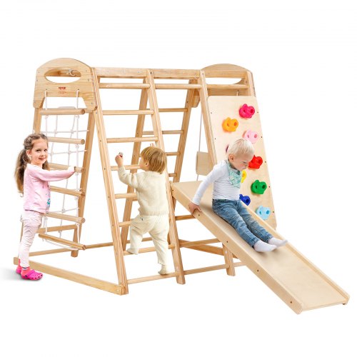 VEVOR Indoor Jungle Gym, 7-in-1 Toddler Indoor Playground, Wooden Toddler Climbing Toys Indoor with Wood & Rope Ladder, Net Ladder, Swing, Monkey Bar,