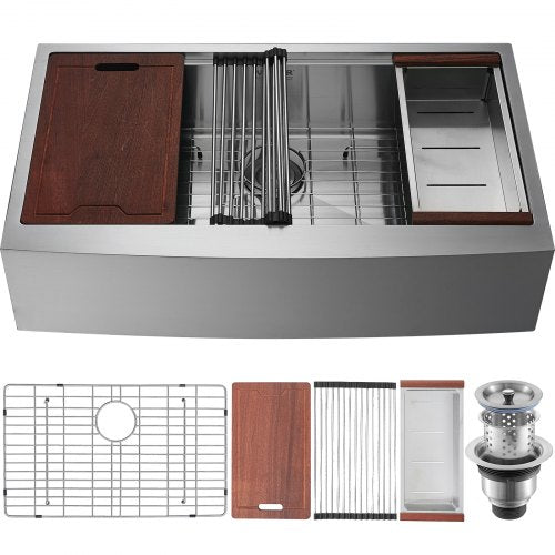 VEVOR Farmhouse Kitchen Sink, 304 Stainless Steel Drop-In Sinks, Top Mount Single Bowl Basin with Ledge & Accessories, Household Dishwasher Sinks for