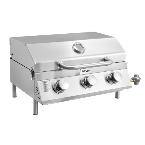 VEVOR Tabletop Gas Grill, 3-Burner Stainless Steel Portable Propane Grill, with Built-in Thermometer, Travel Locks, Weatherproof Lid, 22,500 BTU Total