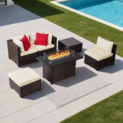 VEVOR 6-Piece Outdoor Patio Furniture Set, Wicker Rattan Outdoor Sectional Conversation Set with 50000BTU Propane Fire Pit Table, Cushioned Sofas, Cof