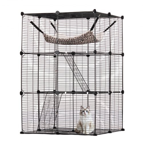 VEVOR Large 3-tier Cat Cage, 28 x 28 x 41", DIY Detachable Metal Wire Durable Cat Enclosure, with Large Hammock 2 Ramp Ladders, Fit for Cats Exercise