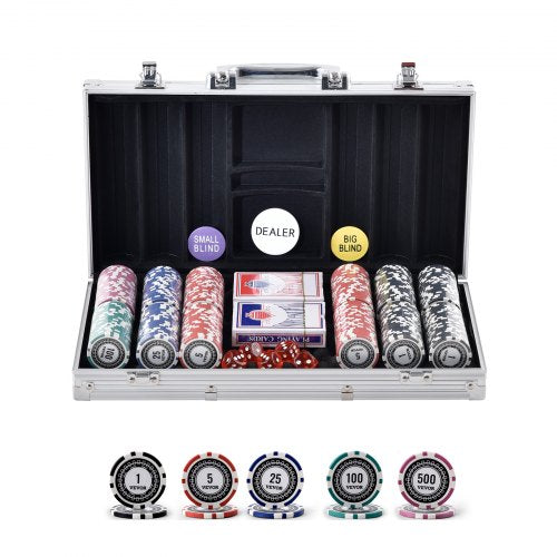 VEVOR Poker Chip Set, 300-Piece Poker Set, Complete Poker Playing Game Set with Aluminum Carrying  Case, 11.5 Gram Casino Chips, Cards, Buttons and Di