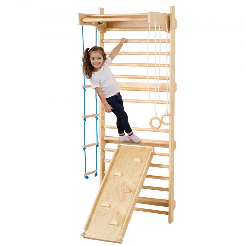 VEVOR Swedish Ladder Wall Gym, 5 in 1 Wooden Indoor Playground Climbing Toys, 220 lbs Load Capacity Swedish Wall Ladder with Pull-Up Bar, Gymnastic Ri