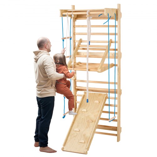 VEVOR Swedish Ladder Wall Gym, 8 in 1 Wooden Indoor Playground Climbing Toys, 220 lbs Load Capacity Swedish Wall Ladder with Pull-Up Bar, Gym Rings, S