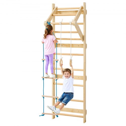 VEVOR Swedish Ladder Wall Gym, 4-in-1 8-Level Indoor Jungle Gym, 220LBS Loading Solid Wood Gymnastic Stall Bars, Indoor Playground Climbing Playset wi