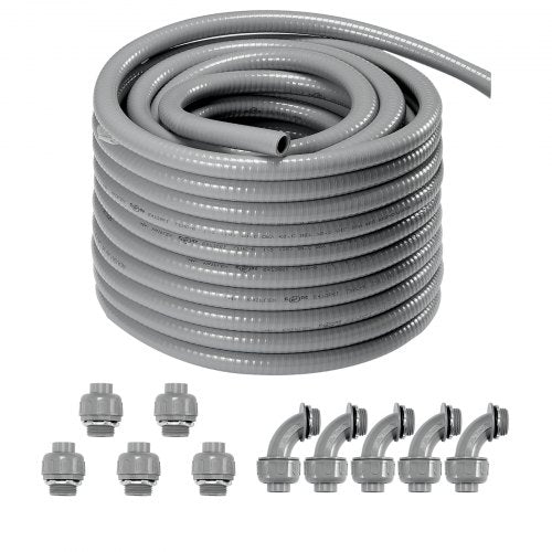 VEVOR 1-2-Inch Flexible Electrical Conduit, 100 ft, PVC Liquid-Tight Conduit Non-Metallic with 5 Straight and 5 90-Degree Conduit Connector Fittings, 