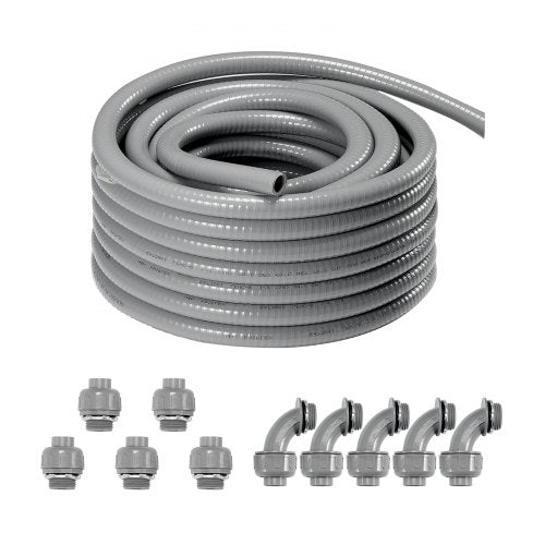 VEVOR 1-2-Inch Flexible Electrical Conduit, 100 ft, PVC Liquid-Tight Conduit Non-Metallic with 5 Straight and 5 90-Degree Conduit Connector Fittings,