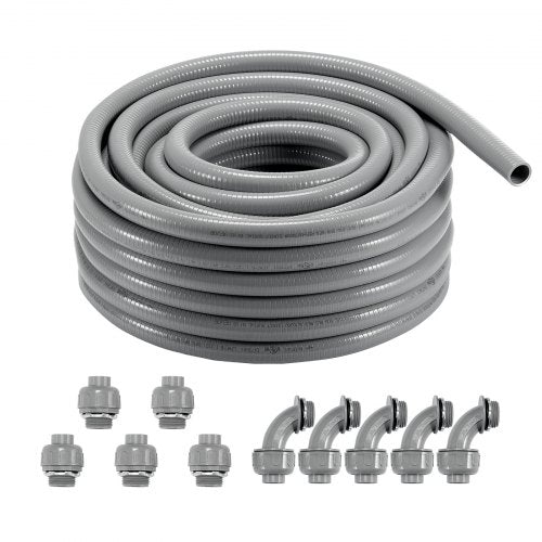 VEVOR 1-Inch Flexible Electrical Conduit, 100 ft, PVC Liquid-Tight Conduit Non-Metallic with 5 Straight and 5 90-Degree Conduit Connector Fittings, fo