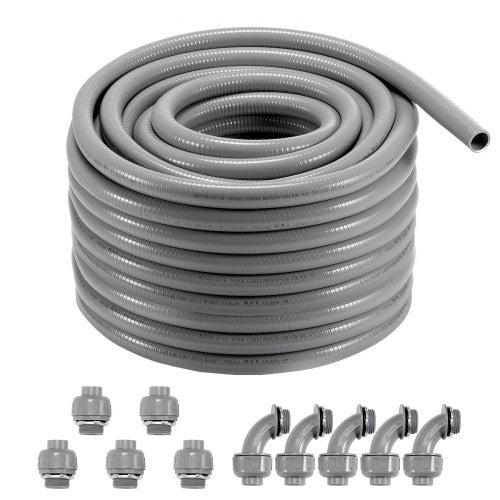 VEVOR 25.4 mm Flexible Electrical Conduit, 30.5 m, PVC Liquid-Tight Conduit Non-Metallic with 5 Straight and 5 90-Degree Conduit Connector Fittings, f