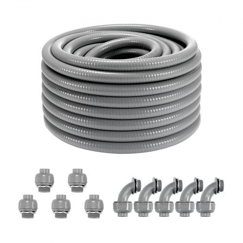 VEVOR 3-4-Inch Flexible Electrical Conduit, 100 ft, PVC Liquid-Tight Conduit Non-Metallic with 5 Straight and 5 90-Degree Conduit Connector Fittings,