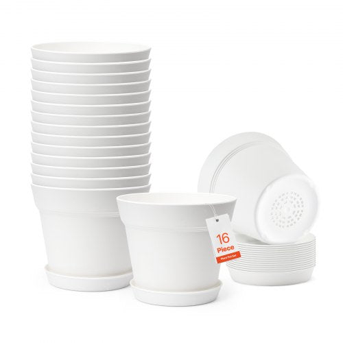 VEVOR Plastic Plant Pots, 16 Packs 6 in Durable Planters, Lightweight Nursery Pots with Drainage Holes & Detachable Saucers, Round Tapered Flower Pot