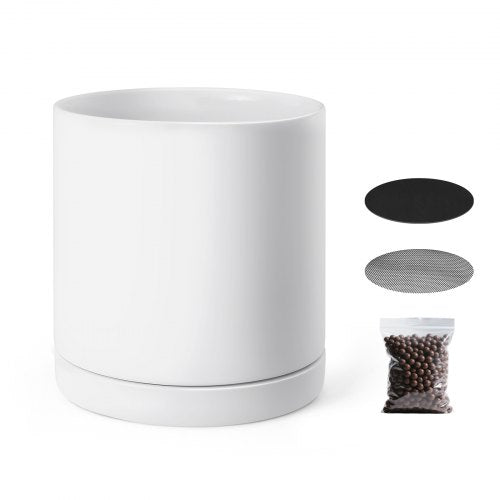 VEVOR Plant Pot, 12-Inch Large Cylinder Planter with Drainage Holes, Non-Slip Pads & Detachable Saucer, Modern Ceramic Flower Pots, Indoor and Outdoor