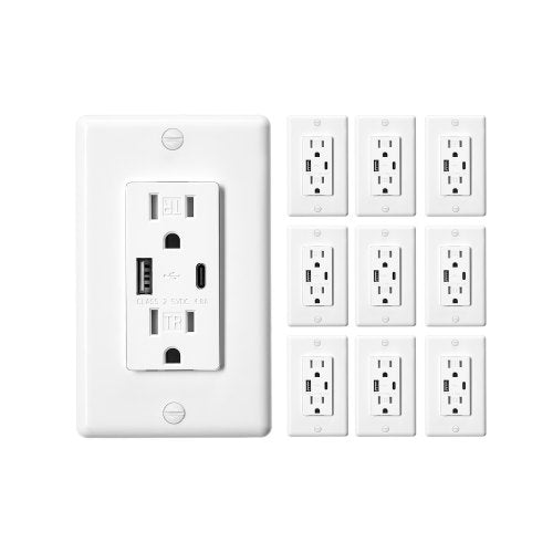 VEVOR USB Wall Outlet, 24 W 15A Tamper Resistant Electrical Outlet with 1 Type C & 1 Type A Ports, 2 Three-prong AC Outlets, Screwless Wall Plate Incl
