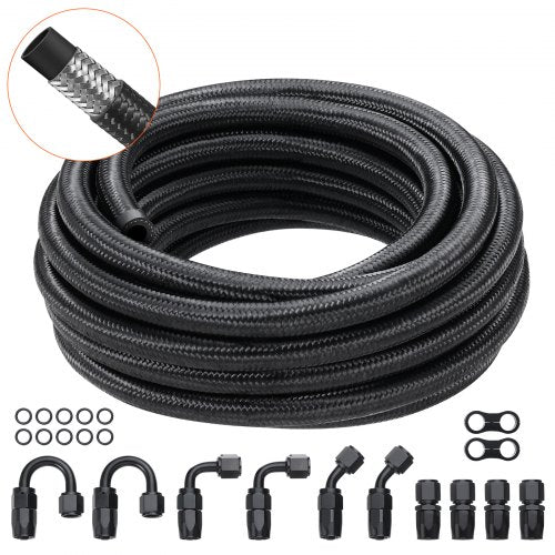 VEVOR 8AN Fuel Line Kit, 20 FT Fuel Hose Kit, 0.43" Nylon Stainless Steel Braided Fuel Line Oil-Gas-Diesel Hose End Fitting Kit, with 12 PCS Swivel Fi