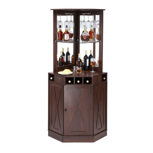 VEVOR Corner Industrial Bar Cabinet, Wine Table for Liquor & Glasses, Sideboard Buffet Cabinet with Glass Holder, Freestanding Farmhouse Wood Coffee B