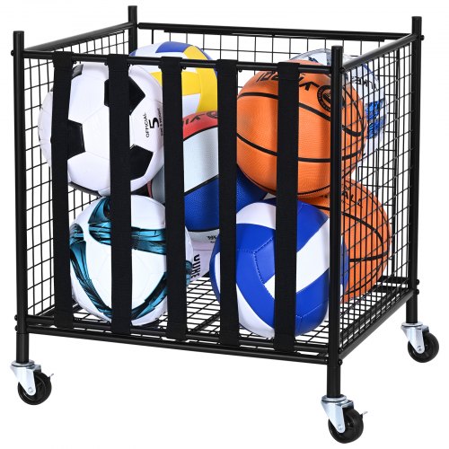 VEVOR Rolling Sports Ball Storage Cart, Lockable Basketball Cage with Elastic Straps, Sport Equipment Holder Organizer for Indoor Outdoor, Steel Stora