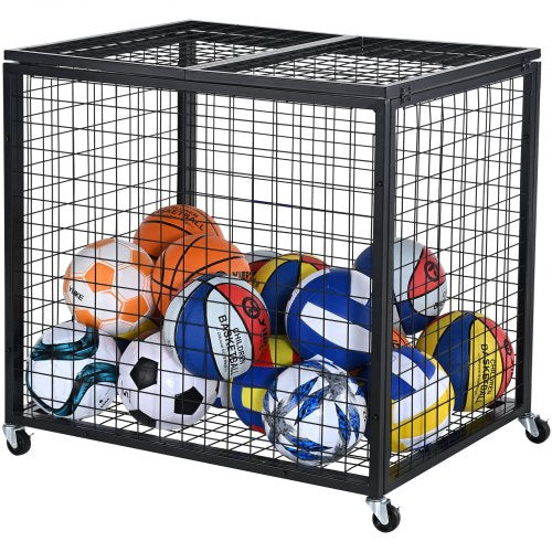 VEVOR Rolling Sports Ball Storage Cart, Basketball Cage with Double Lids, Sport Equipment Holder Organizer for Indoor Outdoor, Steel Storage Rack for