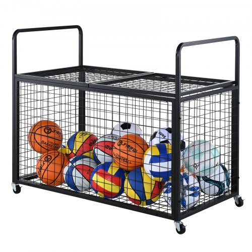 VEVOR Rolling Sports Ball Storage Cart, Lockable Basketball Cage with Double Lids, Sport Equipment Holder Organizer for Indoor Outdoor, Steel Storage