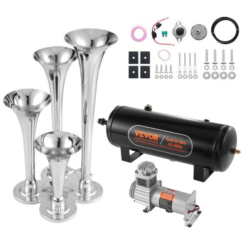 VEVOR Train Horns Kit, 4 Trumpet Air Horn Kit, 150dB Train Horns for Pickup Trucks, 12V 160 psi Air Compressor 2.6 Gal-10 L Tank with Gauge for Any 12