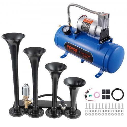 VEVOR Train Horns Kit, 4 Trumpet Air Horn Kit, 150dB Train Horns for Pickup Trucks, 12V 120 psi Air Compressor 1.6 Gal-6 L Tank with Gauge for Any 12V