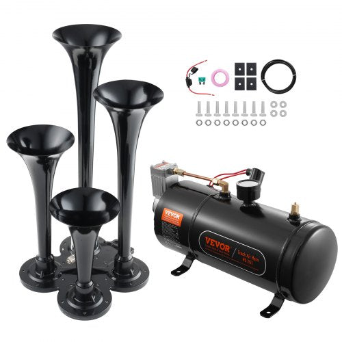 VEVOR Train Horns Kit, 4 Trumpet Air Horn Kit, 150dB Train Horns for Pickup Trucks, 12V 120 psi Air Compressor 0.8 Gal-3 L Tank with Gauge for Any 12V