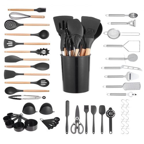 VEVOR Kitchen Cooking Utensils Set, 50 PCS Silicone Spatula Set with Holder, 428°F Heat Resistant Gadget Spoons Tools, Wooden Handle Home Essentials A