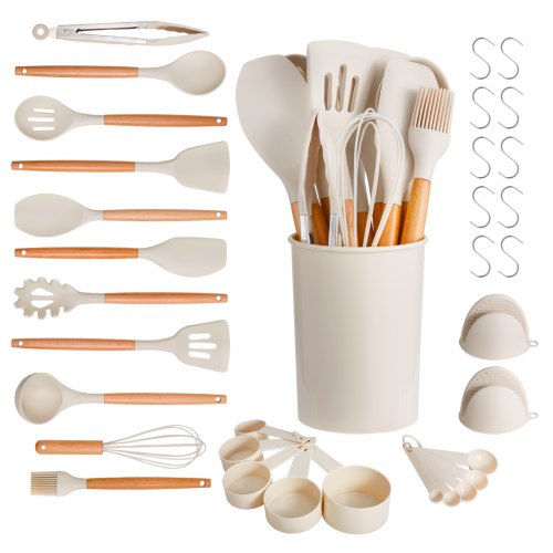 VEVOR Kitchen Cooking Utensils Set, 34 PCS Silicone Spatula Set with Holder, 428°F Heat Resistant Gadget Spoons Tools, Wooden Handle Home Essentials A