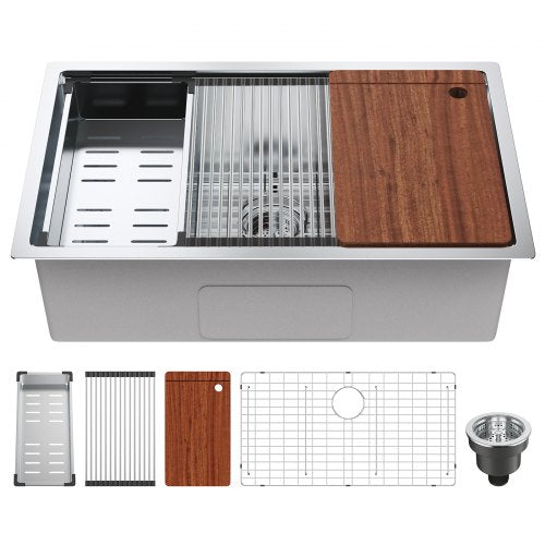 VEVOR Kitchen Sink, 304 Stainless Steel Drop-In Sinks, Undermount Single Bowl Basin with Ledge and Accessories, Household Dishwasher Sinks for Worksta