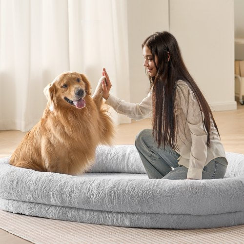 VEVOR Human Dog Bed, 72" x48"x10" Human Dog Bed for Adult, Human Size Dog Bed with Washable Faux Rabbit Fur Cover, Egg Orthopedic Foam, Storage Pocket