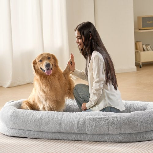 VEVOR Human Dog Bed, 1720x890x250 mm Human Dog Bed for Adult, Human Size Dog Bed with Washable Faux Rabbit Fur Cover, Egg Orthopedic Foam, Storage Poc