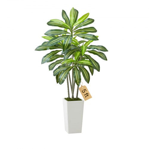 VEVOR Artificial Dracaena Tree 1524 mm, Fake Palm Tropical Plants with White Tall Planter, Faux Floor Silk Plant in Pot, Large Trees for Home Office L