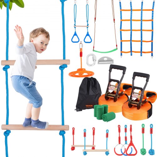 VEVOR Ninja Warrior Obstacle Course for Kids, 2 x 15.24 m Weatherproof Slacklines, 228kg Weight Capacity Monkey Line, Outdoor Playset Equipment, Backy