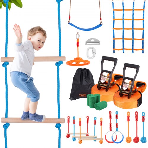 VEVOR Ninja Warrior Obstacle Course for Kids, 2 x 17m Weatherproof Slacklines, 227kg Weight Capacity Monkey Line, Outdoor Playset Equipment, Backyard